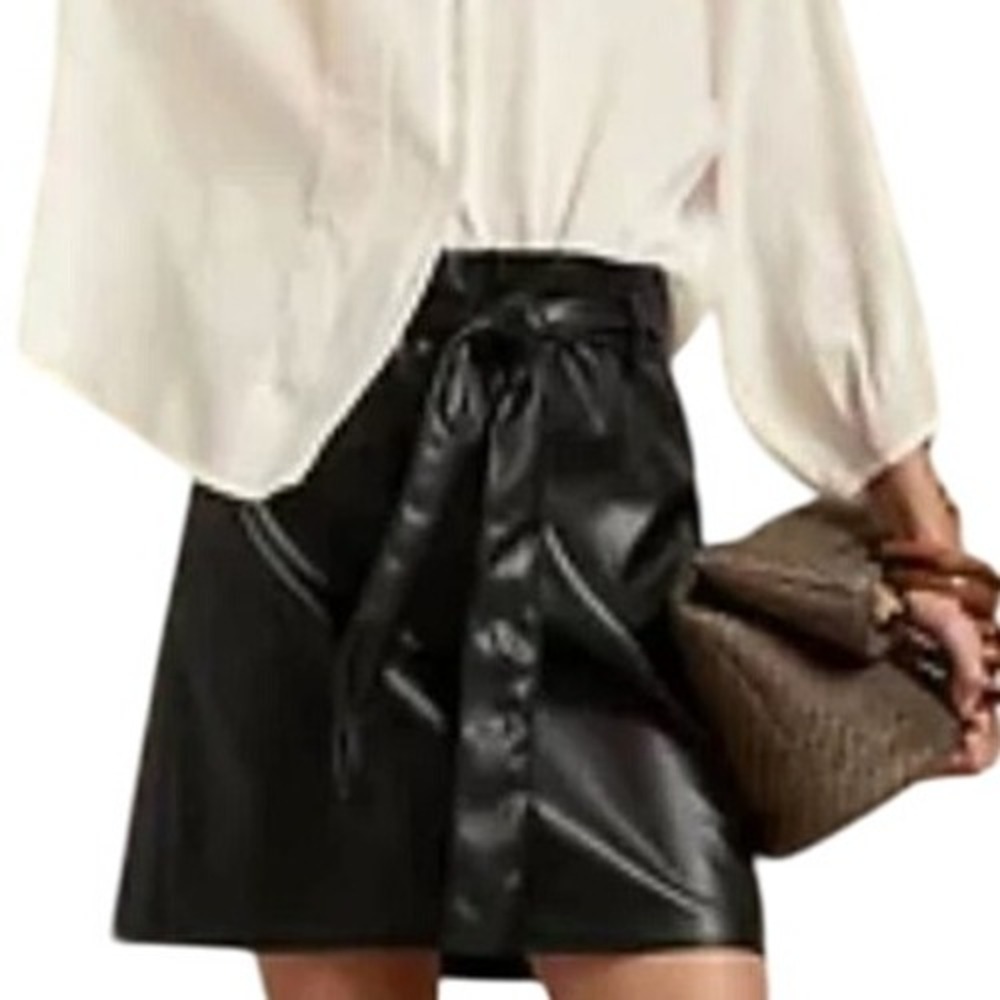 New Banana Republic Faux Leather Mini Skirt Black Belted Party Career Size 8
